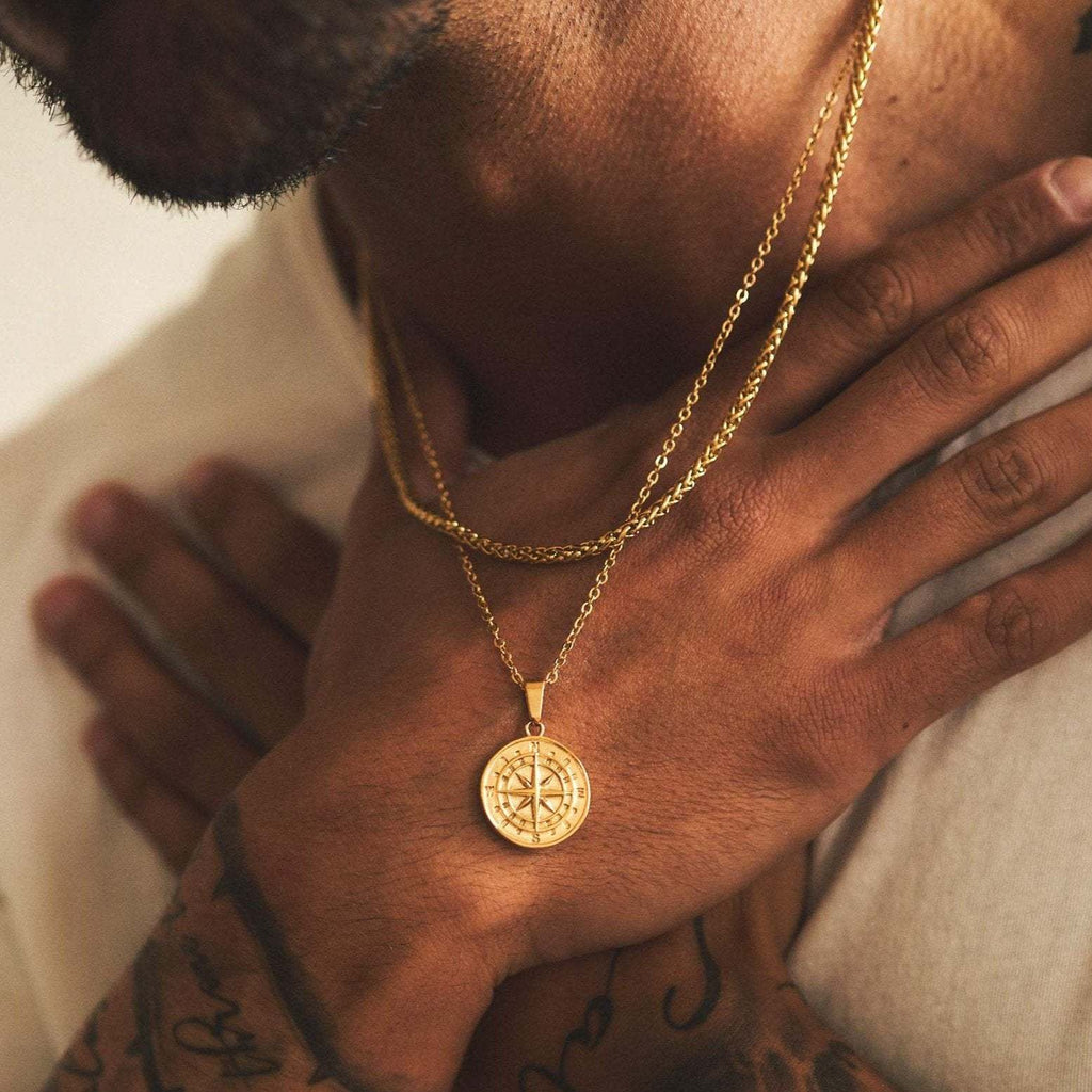 Vnox Layered Necklaces for Men, Sailing Travel Compass Pendant, Stainless Steel Cuban Figaro Wheat Chain, Casual Retro Collar