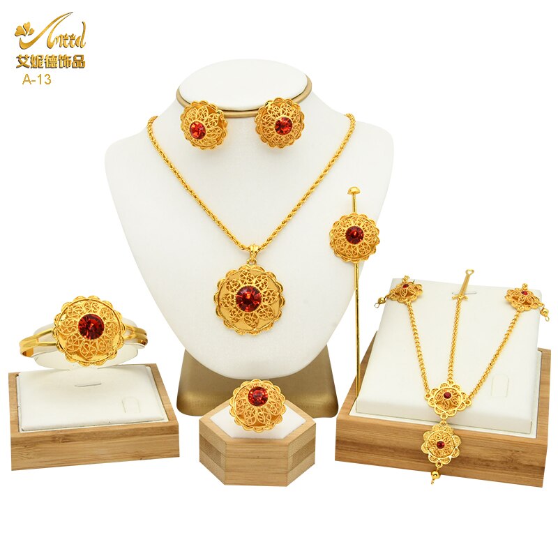 Women's six Piece Ethiopian Flower Shape Plated Jewelry Sets Nigerian Wedding Party Gifts Luxury Necklace Set