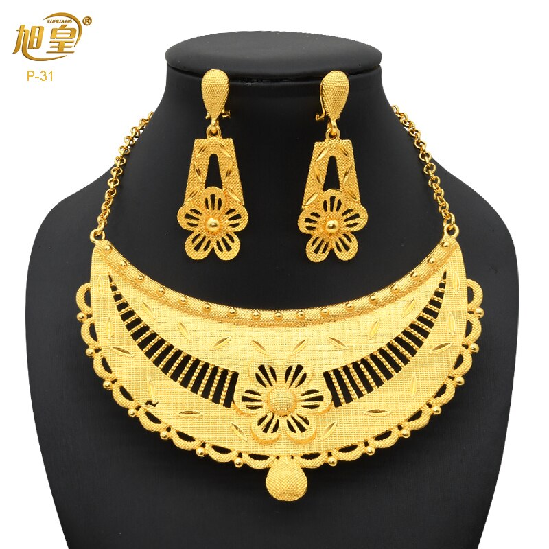 XUHUANG Dubai 24K Plated Necklace Earring Set Arabic Ethiopian Nigerian Banquet Wedding Party Necklace Choker Jewellery Set Gift