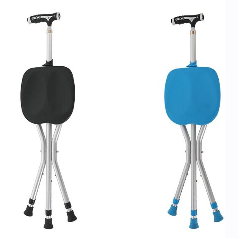 2in1 Folding Walking Stick Tripod Stool Adjustable Height Anti-Slip Elderly Walking Cane Crutch Chair Rest Stool with LED Light