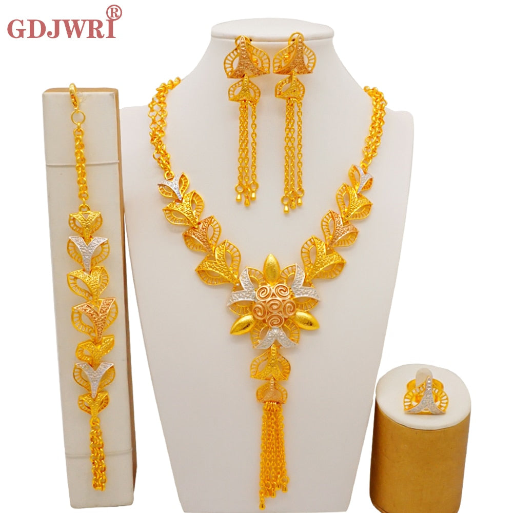 Dubai Indian Gold Color Necklace Bracelet Earrings Ring Jewelry Sets For Women Ethiopian Nigerian Bridal Wedding Jewellery Gifts