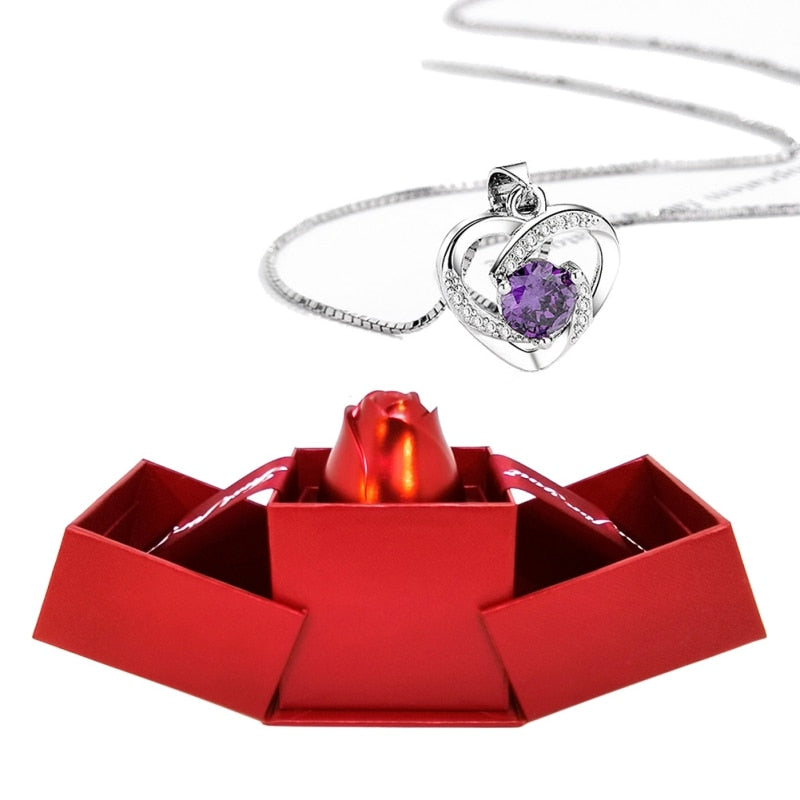 Rose Holder Eternal Love Necklace Set Romantic Rhombus Zircon Pendant With Immortal Valentines&#39; Day Gifts