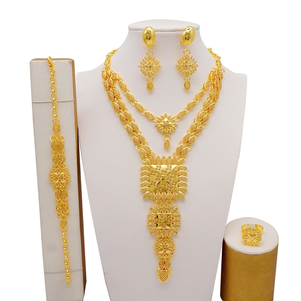 Dubai Indian Gold Color Necklace Bracelet Earrings Ring Jewelry Sets For Women Ethiopian Nigerian Bridal Wedding Jewellery Gifts