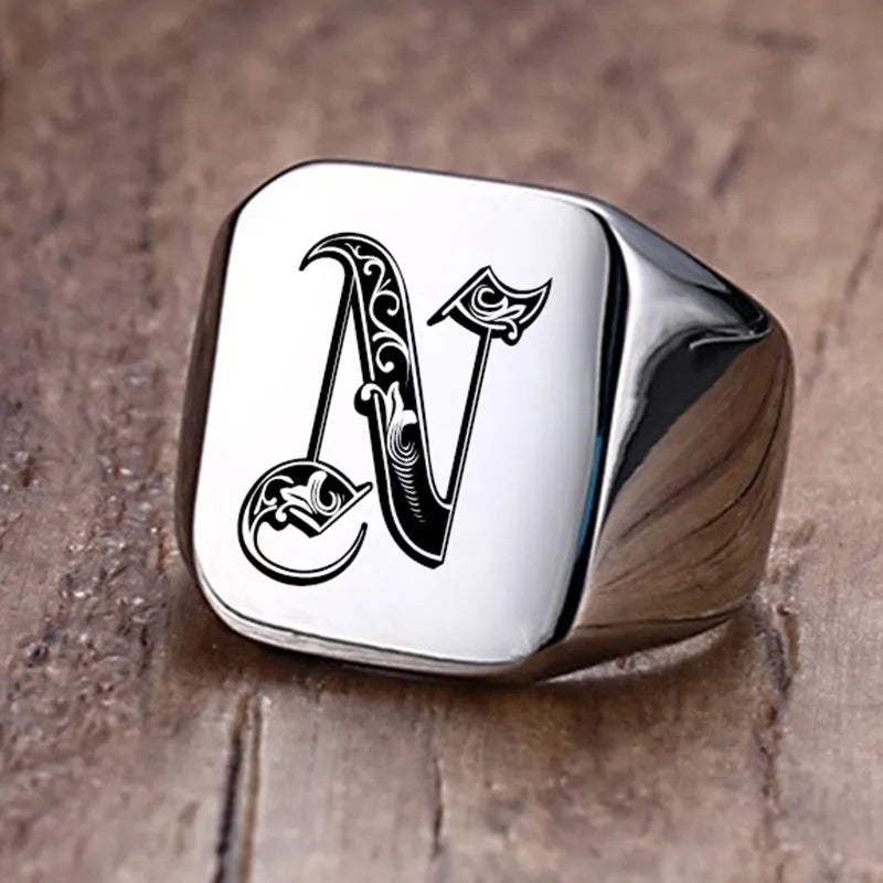 Vnox Retro Initials Signet Ring for Men 18mm Bulky Heavy Stamp Male Band Stainless Steel Letters Custom Jewelry Gift for Him