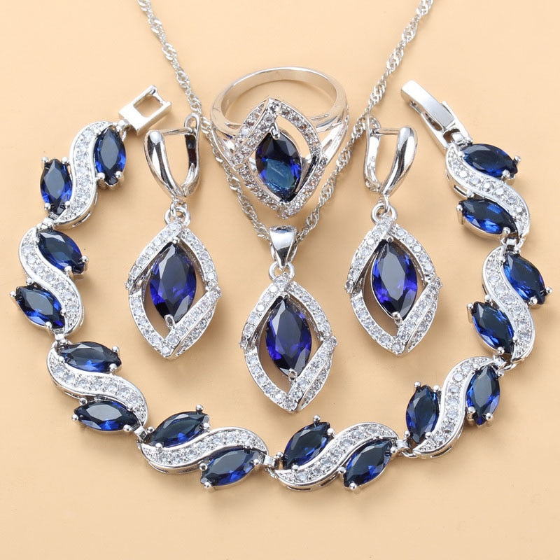 925 Mark Wedding Accessories Women Bridal Jewelry Sets With Natural Stone CZ Blue Bracelet And Ring Sets Free Gift Box