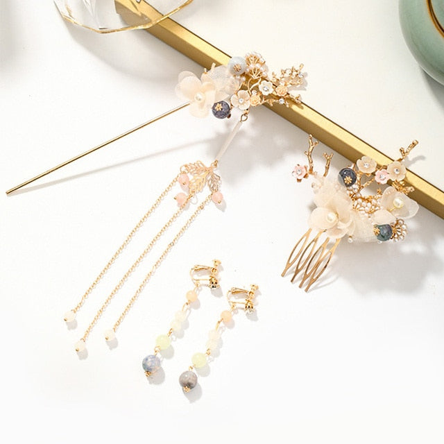 FORSEVEN Chinese Hair Accessories Women Flower Pearls Hairpins Long Tassel Headpieces Sticks Hair Comb Bridal Jewelry Sets