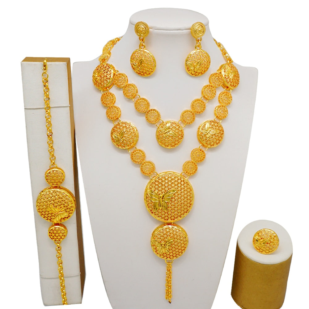 Dubai Indian Gold Color Necklace Bracelet Earrings Ring Jewelry Sets For Women Ethiopian Nigerian Bridal Wedding Jewellery Gifts