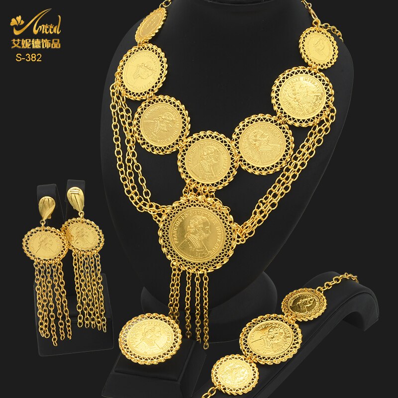 ANIID Dubai Gold Plated Coin Necklace Bracelet Jewelry Sets For Women African Ethiopian Bridal Wedding Luxury Jewellery Gifts