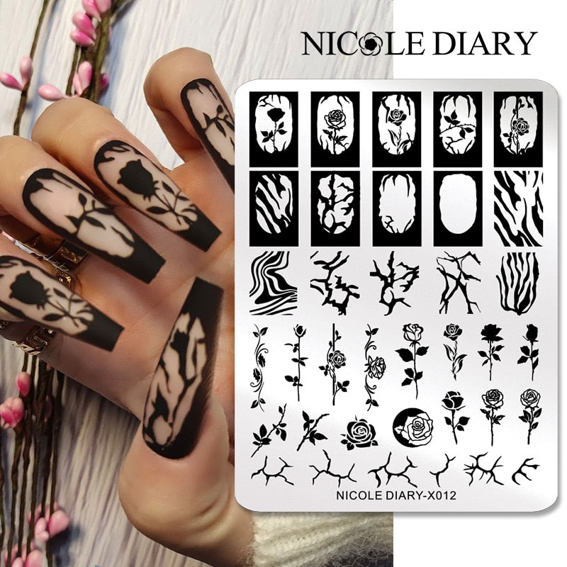 NICOLE DIARY Leaves Flower Stripe Design Stamping Plates Abstract Lady Face Nail Stamp Templates Leaf Floral Printing Stencil