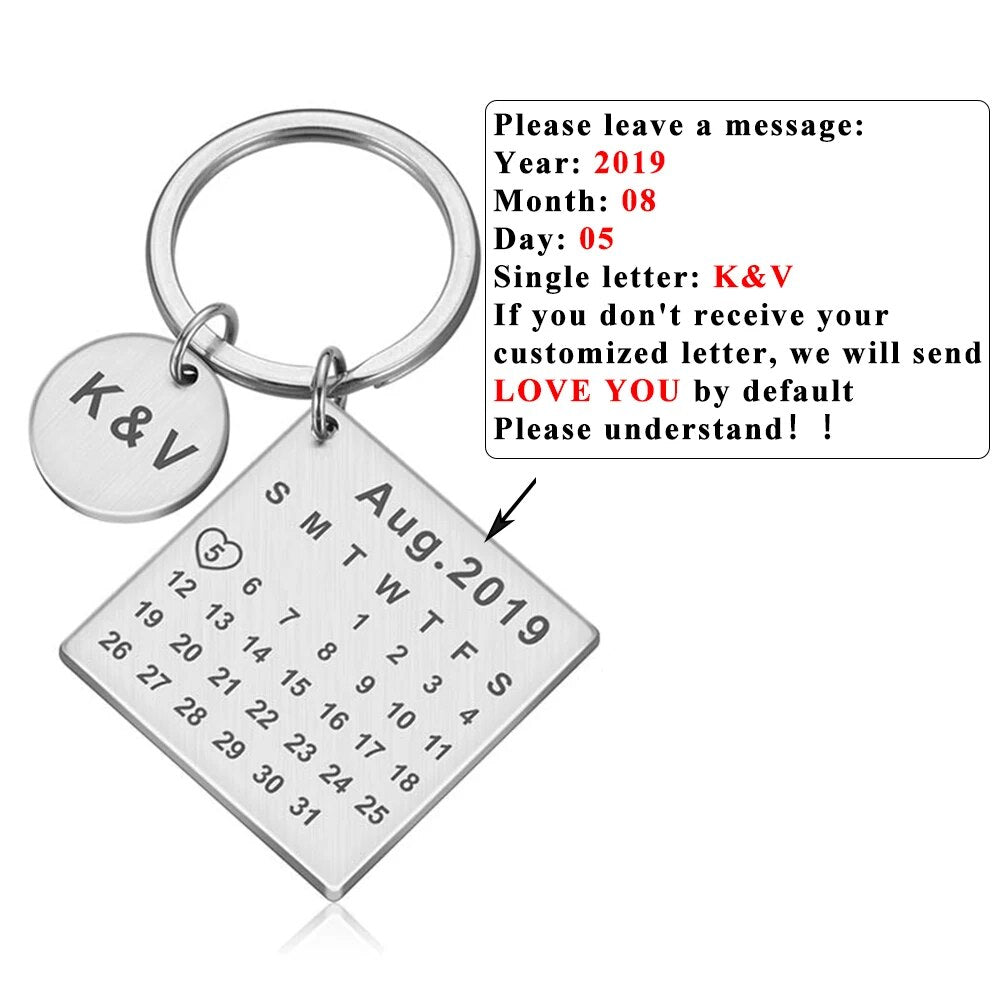 Personalized Custom Key Chain Ring Engraved Calendar Date Stainless Steel Keyring Wedding Anniversary Gift for Boyfriend Husband