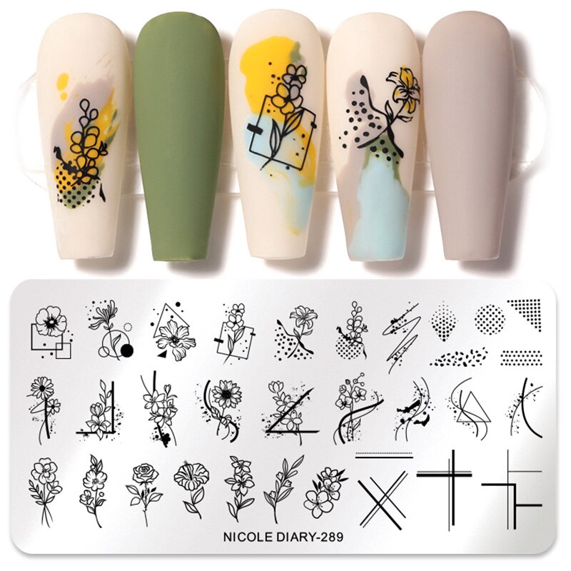 NICOLE DIARY Leaves Flower Stripe Design Stamping Plates Abstract Lady Face Nail Stamp Templates Leaf Floral Printing Stencil