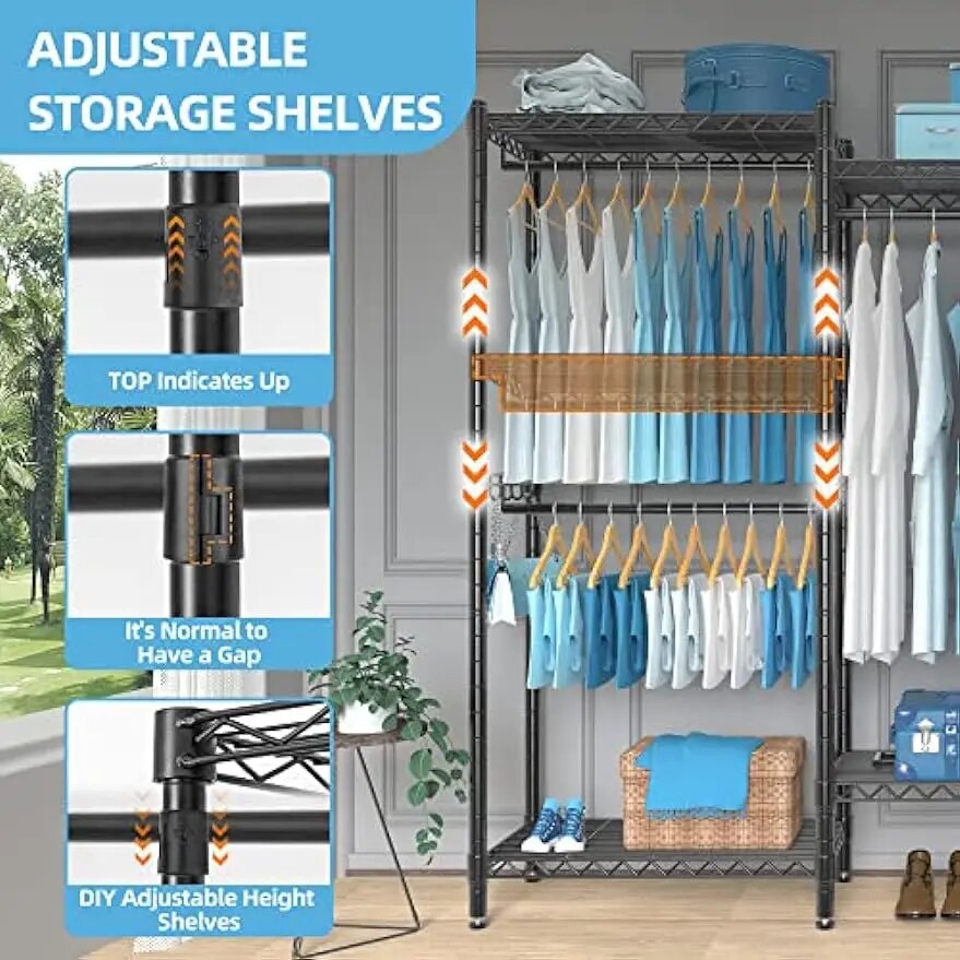 Portable Wardrobe Rack, 7 Tiers Wire Shelving Black Garment Rack, Compact Extra Large Clothing Racks Metal