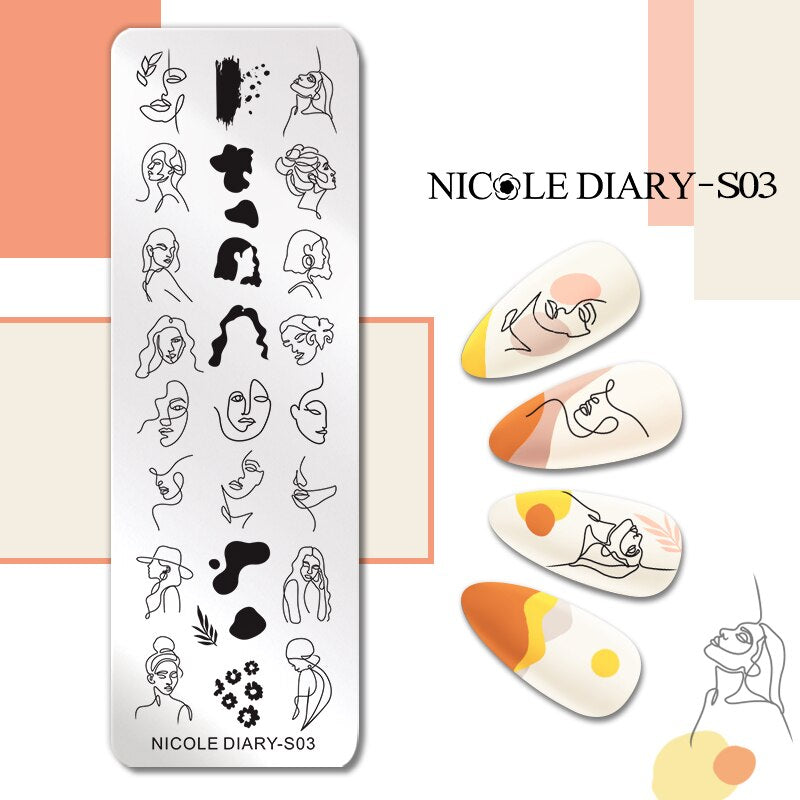 NICOLE DIARY Leaves Flower Stripe Design Stamping Plates Abstract Lady Face Nail Stamp Templates Leaf Floral Printing Stencil