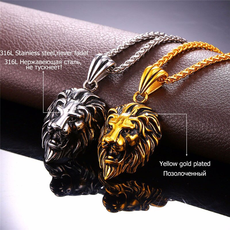 U7 Black Lion Charms Necklace Rock Punk Style Men/Women Retro Jewelry Gold Color Stainless Steel Chain Necklace & Pendant P807