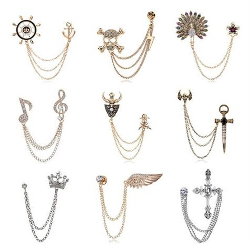 Korean British Style Crown Bird Brooch Cross Suit Tassel Chain Lapel Pin Angle Wings Badge Retro Female Corsage Men Accessories