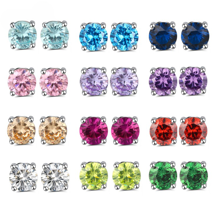 Beautiful 12 colors Essentials Silver Sterling Birthstone Stud Earrings round shape and heart shape.