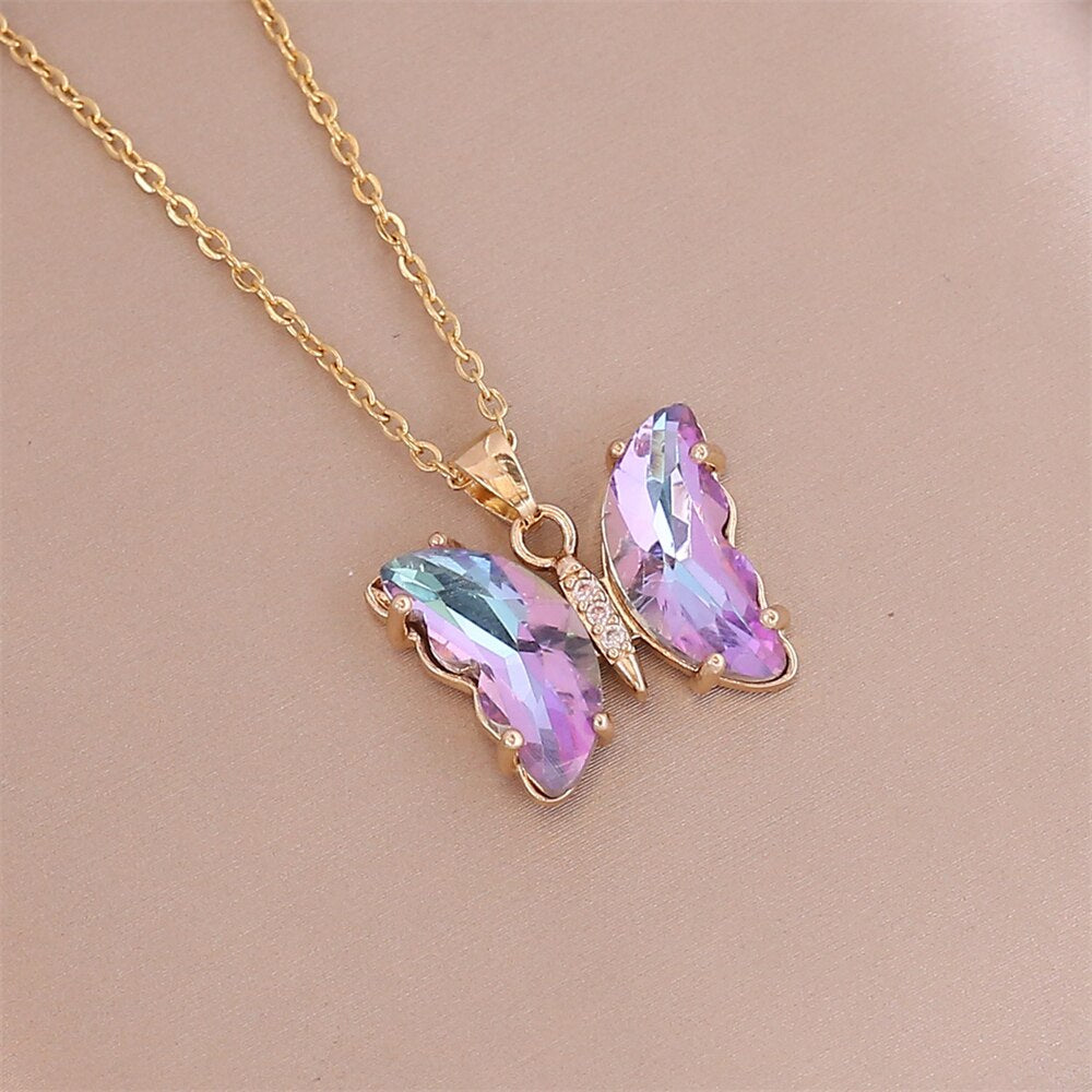 Simple Cubic Zirconia Butterfly Pendant Necklace Classic Birthstone Crystal Necklace For Women Girls Anniversary Gifts