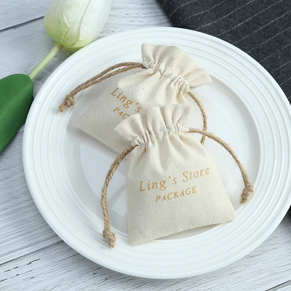 100pcs Nature Cotton Jewelry Bags Grosgrain Ribbon Drawstring Pouch Custom Logo Earring Bracelet Dice Dust Bag Wedding Gift Bag