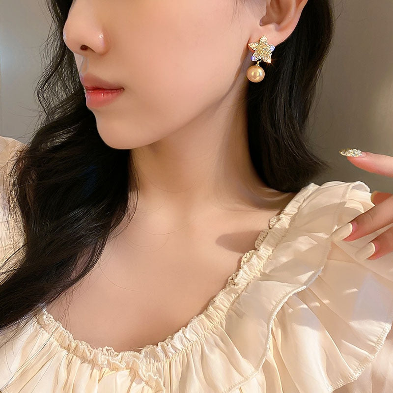 Rose Gold Pearl Flower Dangle Earrings for Women Silver Needle Full Rhinestone Korean Fashion Jewelry 2023 Accessories