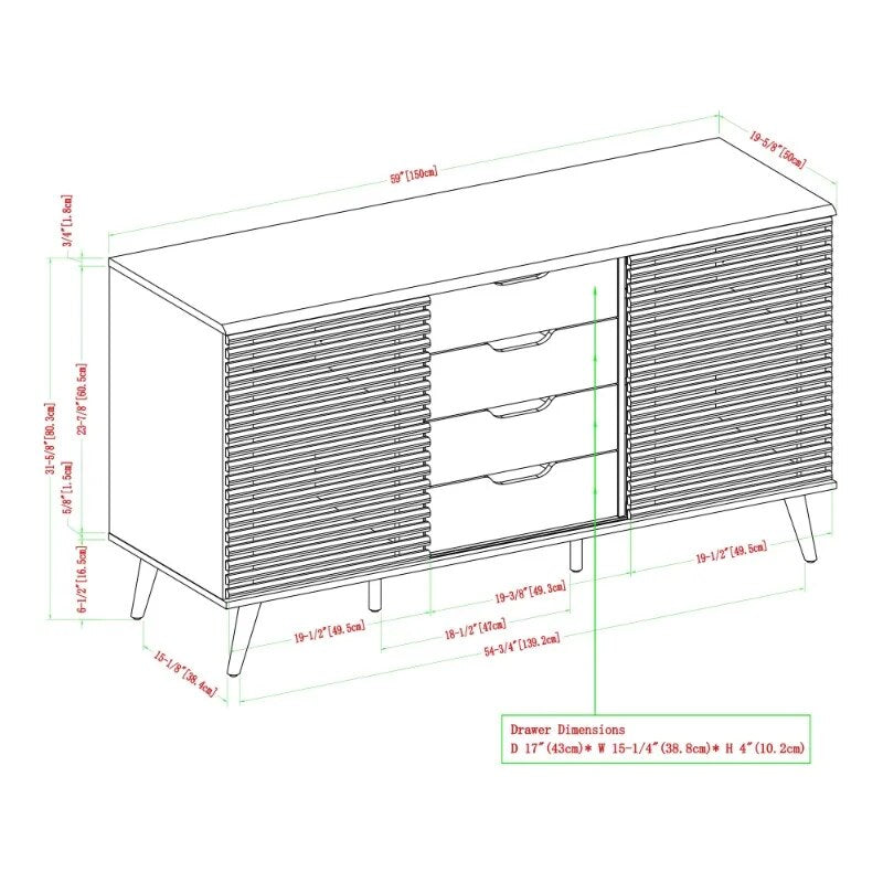 Modern Two Toned Sliding Slat Door Sideboard, Ebony/Dark Walnut