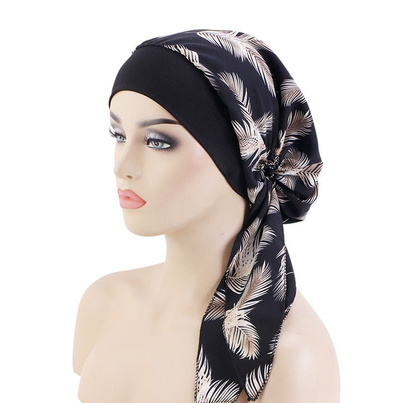 Women Printed Pre-tie Headscarf Elastic Muslim Female Turban Cancer Chemo Hat Hair Loss Cover Head Wrap Headwear Stretch Bandana