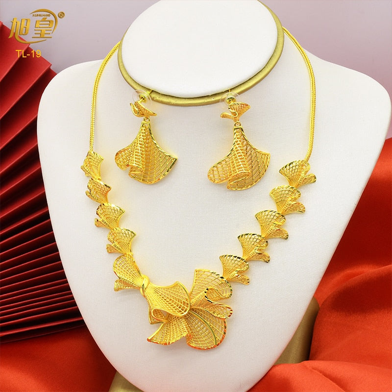 XUHUANG Dubai 24K Plated Necklace Earring Set Arabic Ethiopian Nigerian Banquet Wedding Party Necklace Choker Jewellery Set Gift