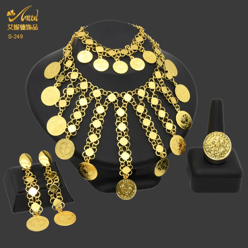 ANIID Dubai Gold Plated Coin Necklace Bracelet Jewelry Sets For Women African Ethiopian Bridal Wedding Luxury Jewellery Gifts