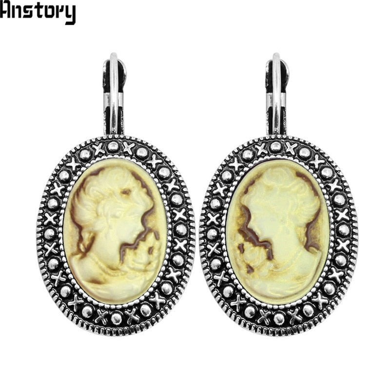 Lady Queen Cameo Hook Earrings For Women Vintage Look Antique Silver Plated Fashion Jewelry TE491