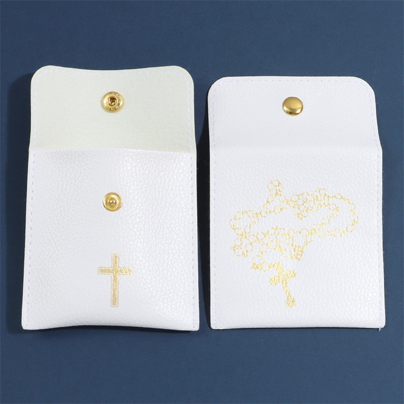 Pu Leather Bags for Rosary Necklace White Religion Jewelry Pouch with Cross Gift Packaging Buckle Bag Jewelry Storage Pouches