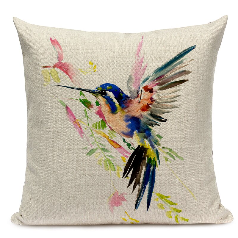 Watercolor Flower Cushion Cover Vintage Bird Blue Pink Pillow Case Transparent Flowers Sofa Decorative Pillow Cover 45x45cm