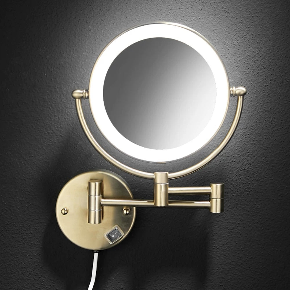 Makeup Mirrors Black/Brushed Gold Brass Wall Extending Folding Double Side LED Light Mirror 3 X/5X/10X Magnification Bath Mirror