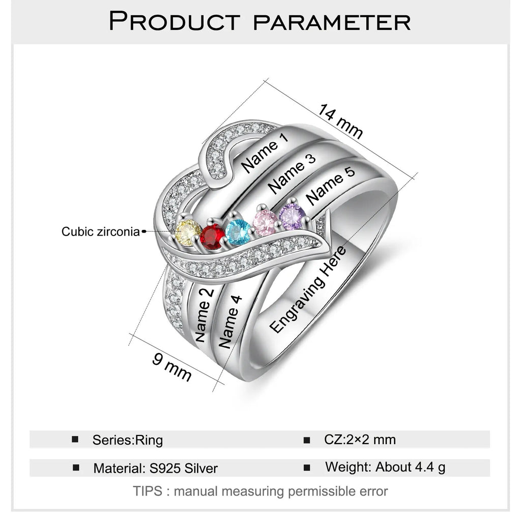 925 Sterling Silver Personalized 1-8 Name Engraved Ring with Birthstone Custom Engagement Heart Rings for Women Mothers Day Gift