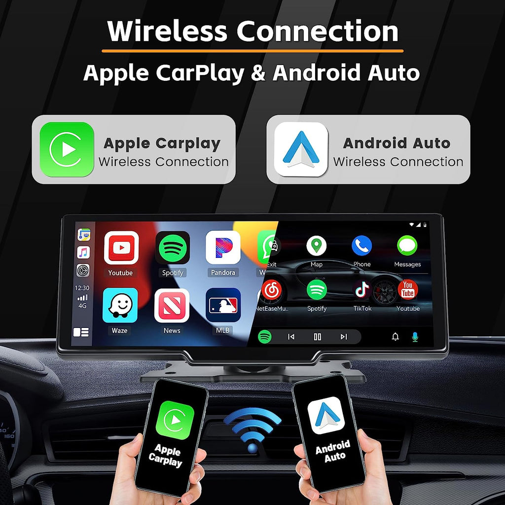 TOGUARD 10inch Dual Lens Wireless Carplay Screen Player Android Auto Car Stereo DVR Recorder Dashboard WiFi GPS Rearview Camera