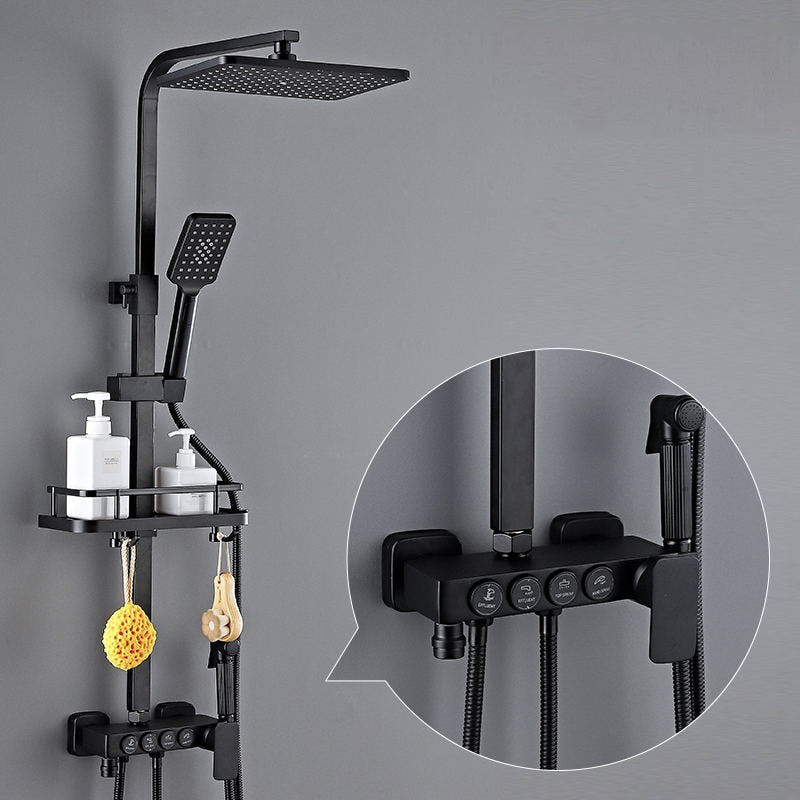 Hot and Cold Digital Shower Set Faucet Bathroom Shower System Black Gold Shower Faucet Square Shower Head  Bath Shower System