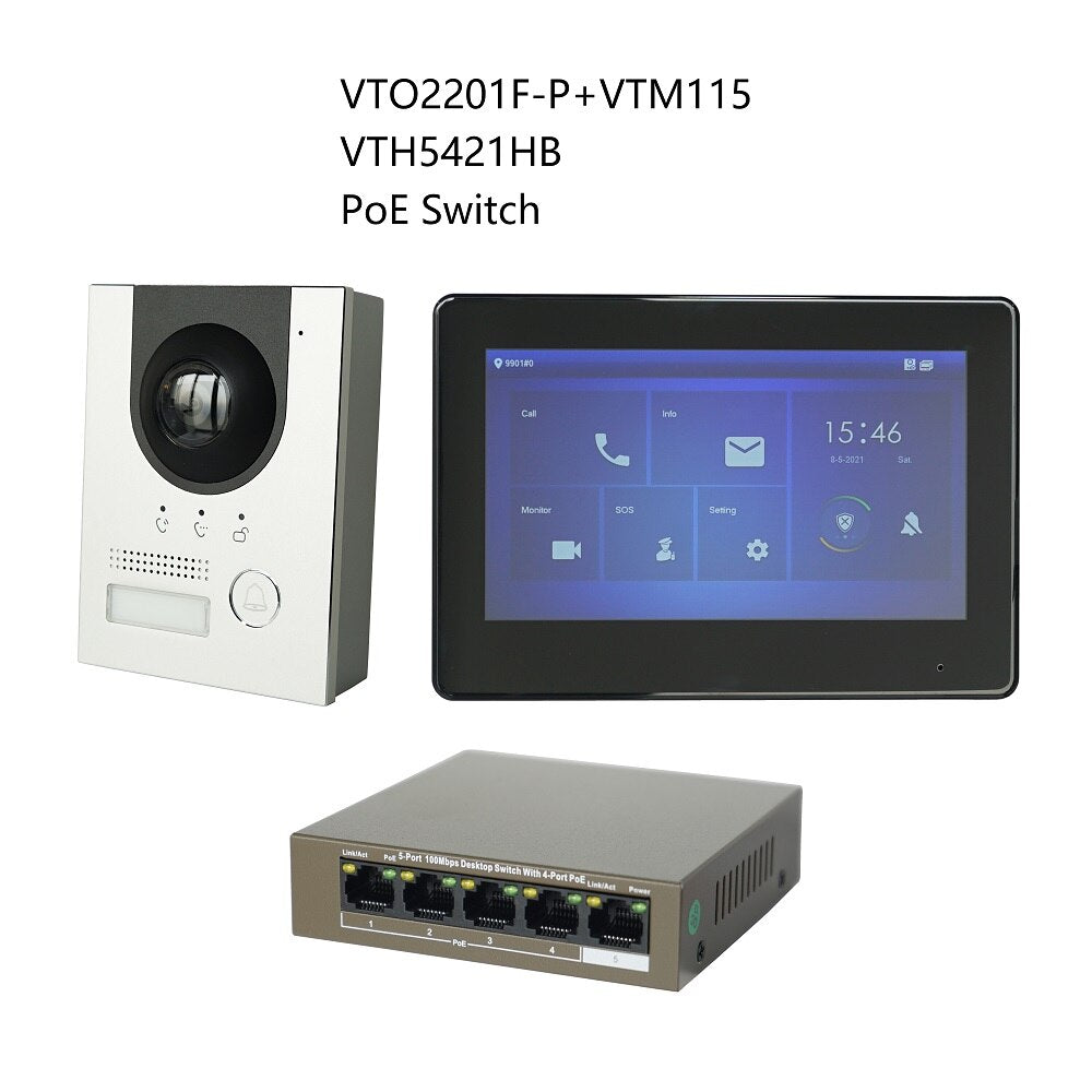 DH Multi-Language IP Video Intercom KIT,VTO2201F-P & VTH5421HW /VTH5421HB & PoE switch,support SIP, replace VTO2202F-P-S2