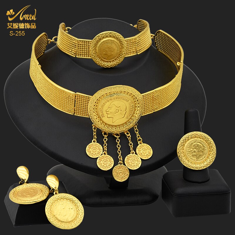 ANIID Dubai Gold Plated Coin Necklace Bracelet Jewelry Sets For Women African Ethiopian Bridal Wedding Luxury Jewellery Gifts