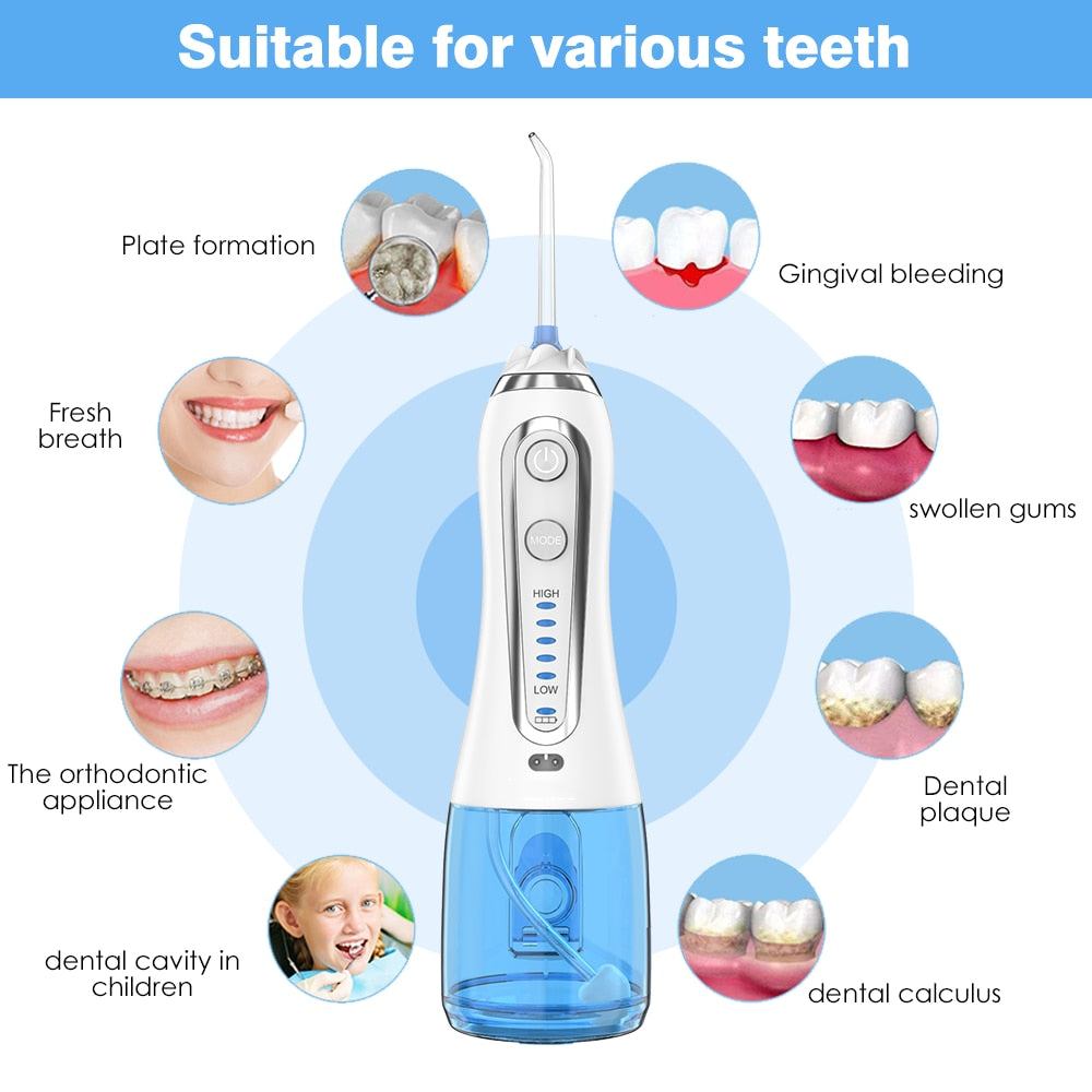 Blue Oral Irrigator Portable Bag Electric Water Flosser USB Rechargeable Professional Dental Flosser with 5 Nozzles &amp; Brush