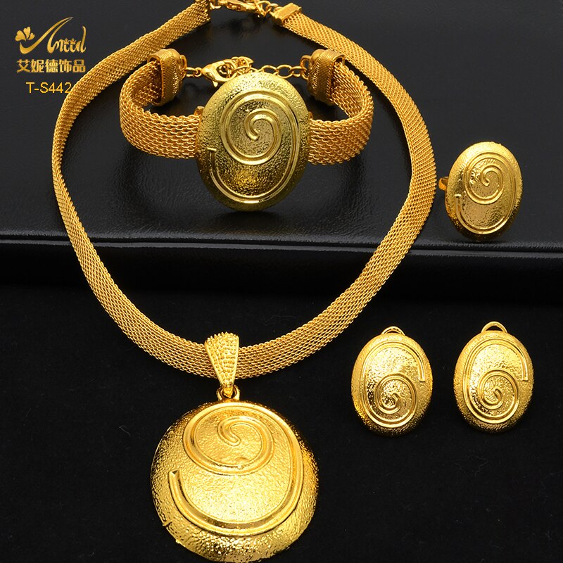 ANIID Ethiopian Gold Plated Jewelry Set For Women Bridal Dubai Jewellery Wedding Brazilian Eritrean African Earring Necklace Set