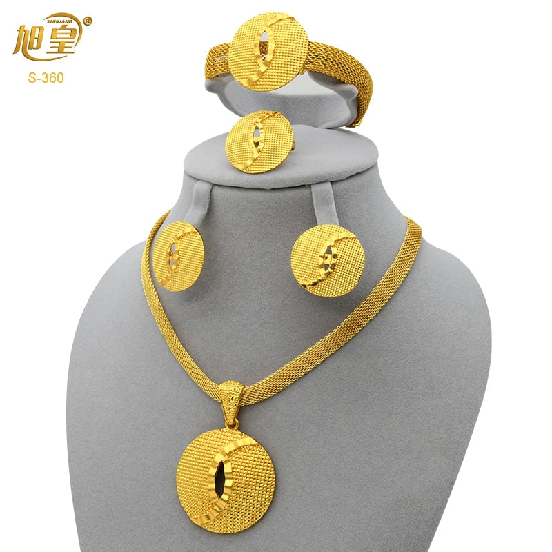 XUHUANG African Necklaces Bracelets Earing Sets Nigerian Wedding Jewelry Set Ethiopian Gold Colour Necklace Jewellery Set Gifts