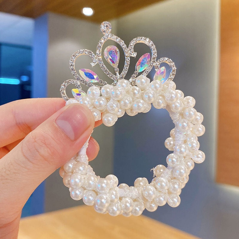 Fashion Pearl Crown Princess Hair Bands Elastic Rubber Bands Children Ball Hair Bun Ties Hair Styling Accessories