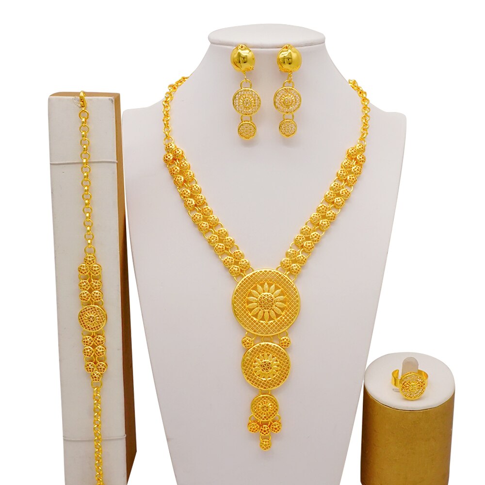 Dubai Indian Gold Color Necklace Bracelet Earrings Ring Jewelry Sets For Women Ethiopian Nigerian Bridal Wedding Jewellery Gifts