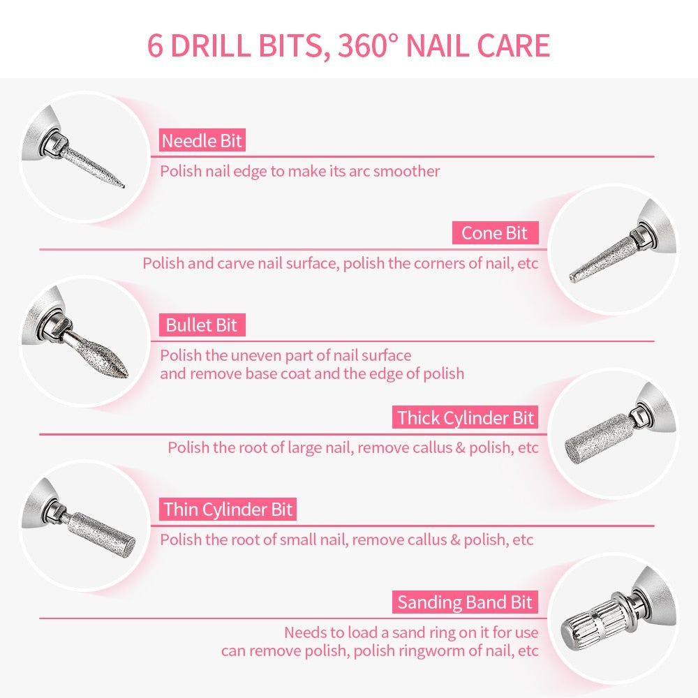 60W Recharging Nail Drill Machine 35000RPM Nail Polishing Grinder Machine Manicure Pedicure Nail Milling Cutters Nail Drill Bits