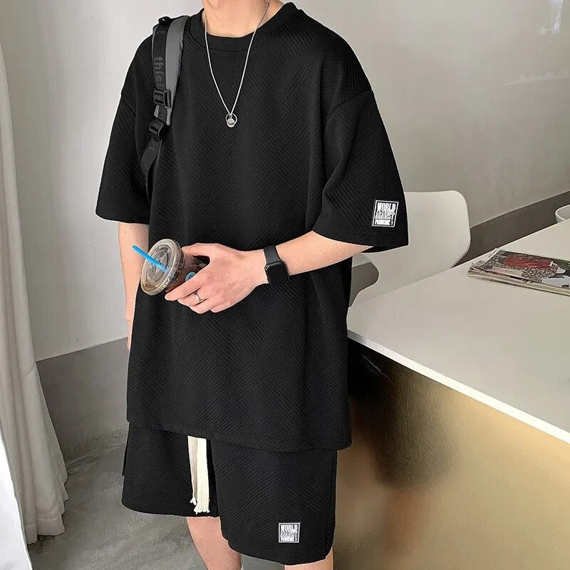 2023 Summer Men's Tracksuit Waffle Fabric Breathable Casual T-Shirt and Shorts  Fashion Half  Sleeve Two Piece Set for Unisex