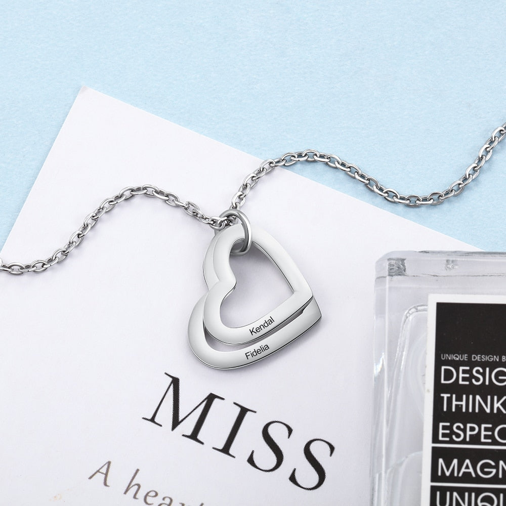 Personalized Stainless Steel Engraved Necklace with 2-5 Names 3 Colors Customized Multilayer Heart Pendant Necklace for Women