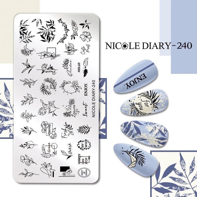 NICOLE DIARY Leaves Flower Stripe Design Stamping Plates Abstract Lady Face Nail Stamp Templates Leaf Floral Printing Stencil