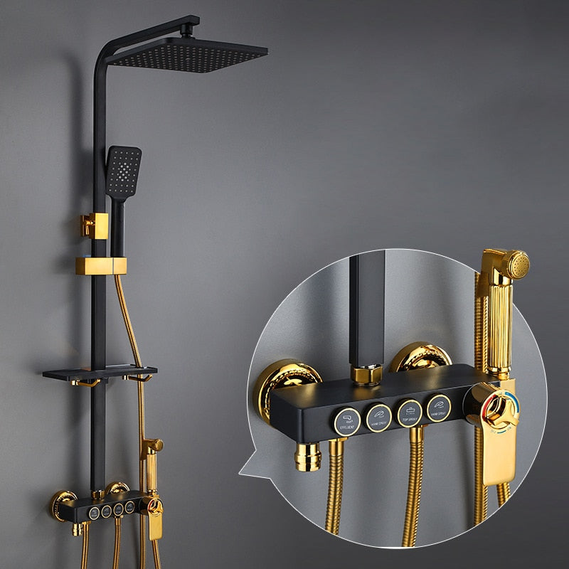 Hot and Cold Digital Shower Set Faucet Bathroom Shower System Black Gold Shower Faucet Square Shower Head  Bath Shower System