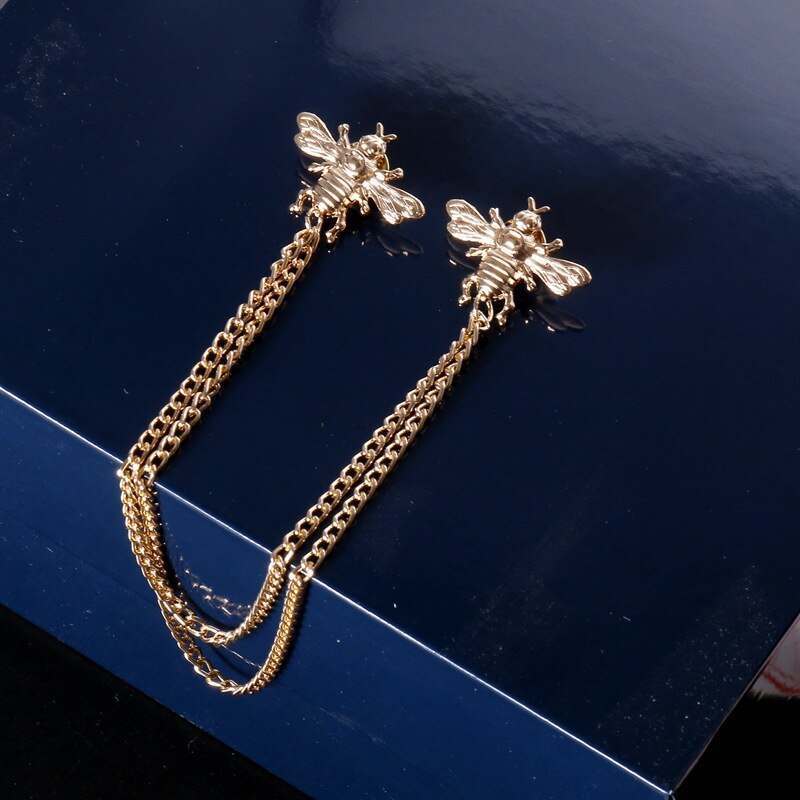 Cute Bee Fashion Brooches Metal Double Chain Tassel Vintage Animal Men Collar Lapel Pin Women Jewelry Friend Gift