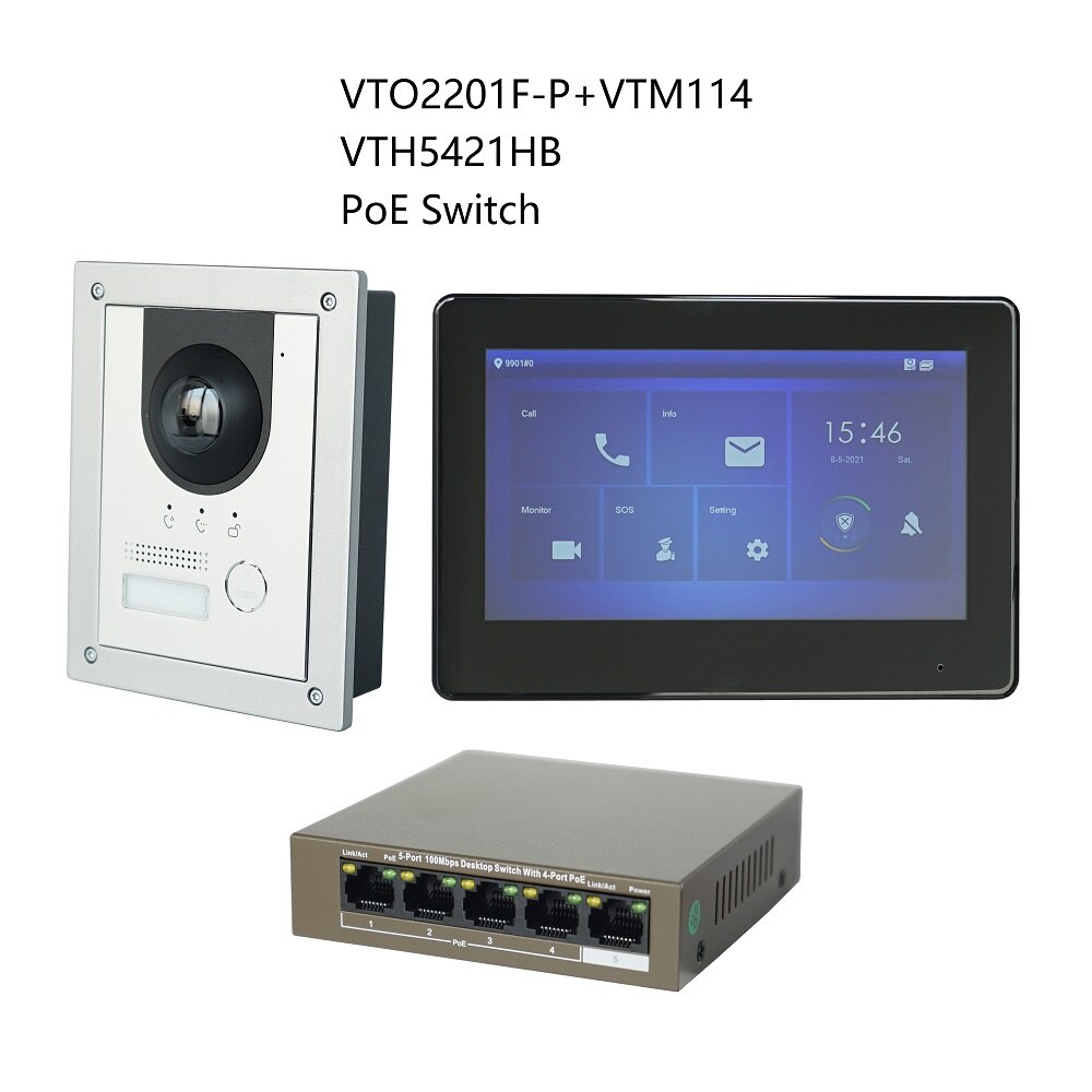 DH Multi-Language IP Video Intercom KIT,VTO2201F-P & VTH5421HW /VTH5421HB & PoE switch,support SIP, replace VTO2202F-P-S2