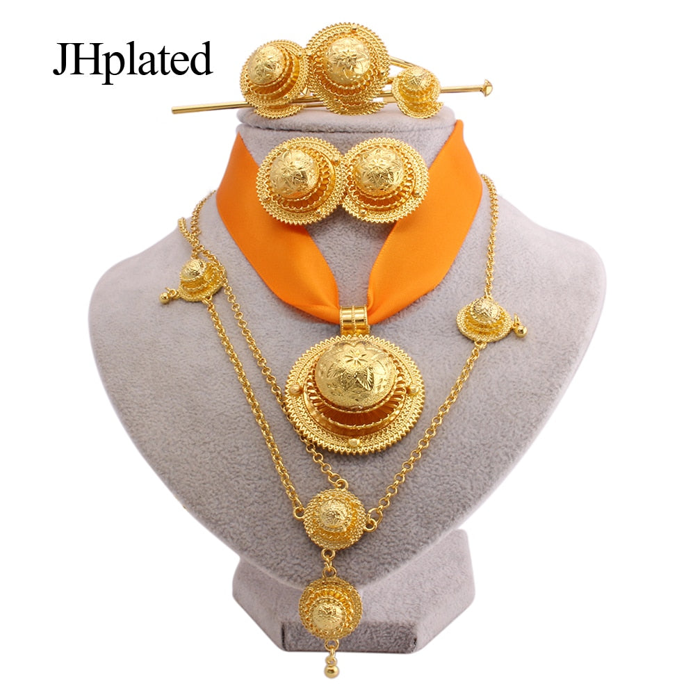 Luxury Gold plated bridal Jewelry sets for women Ethiopian Red rope pendant Hairpin necklace earrings bracelet ring wedding gift