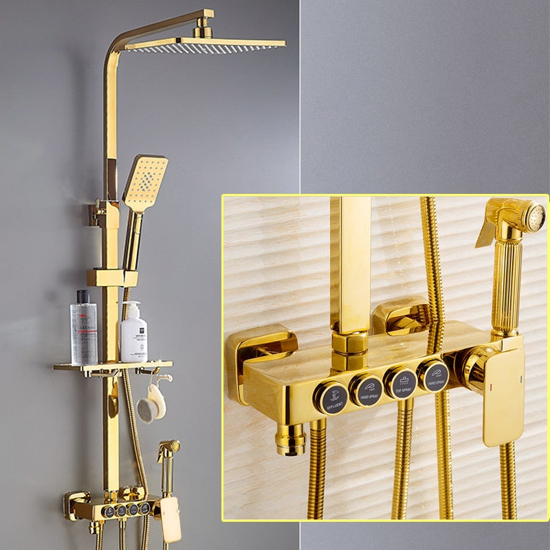 Hot and Cold Digital Shower Set Faucet Bathroom Shower System Black Gold Shower Faucet Square Shower Head  Bath Shower System